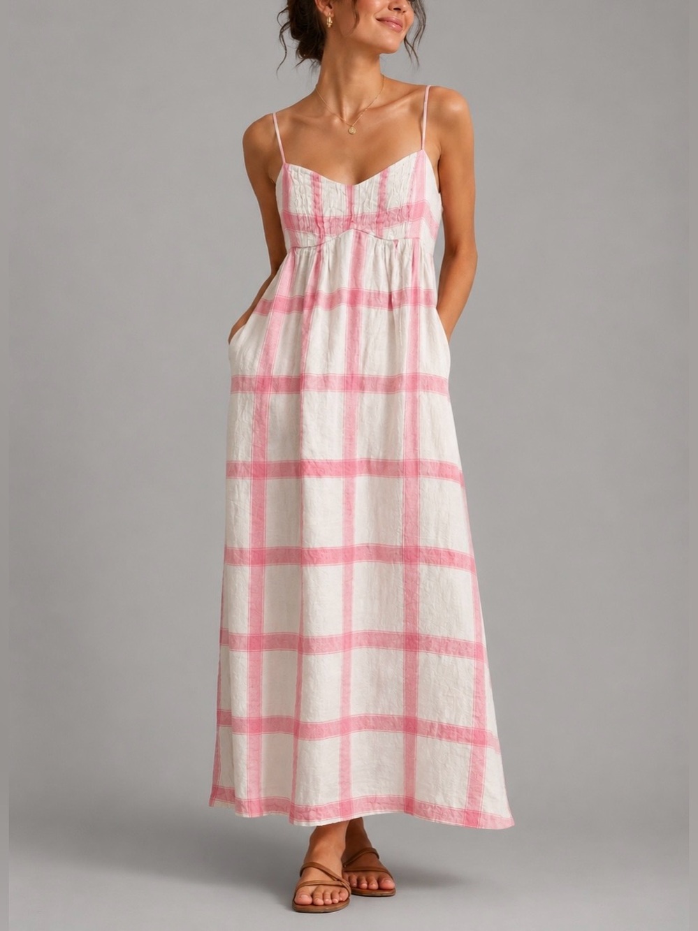 Anthropologie Maeve Linen Tie-Back Maxi Dress Pink White Plaid XS Coastal Beach